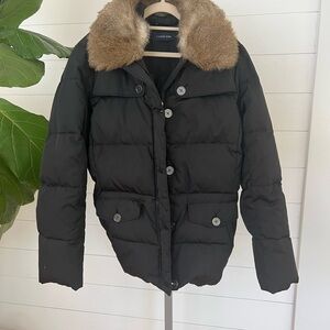 Lands’ End Women’s Down Jacket w/ Faux Fur Collar & Belt – Size Large